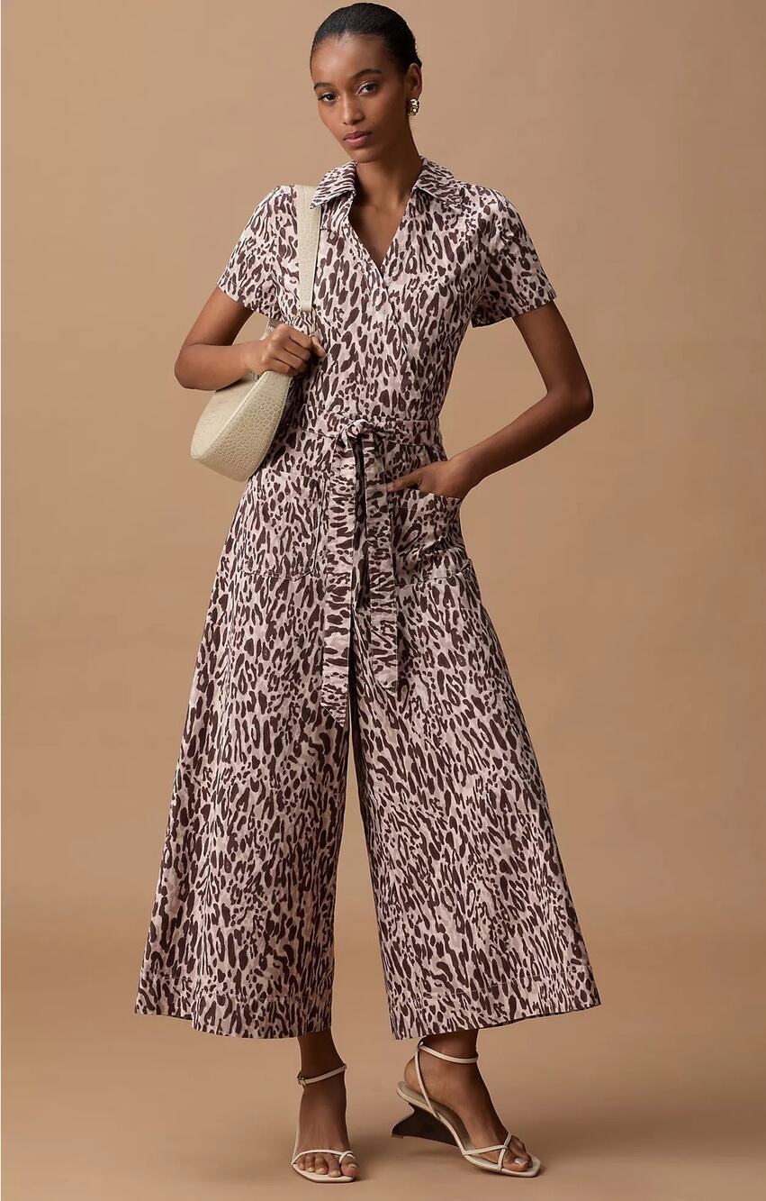 Maeve Pink/Purple, and Brown Leopard Print Short-Sleeve Jumpsuit
